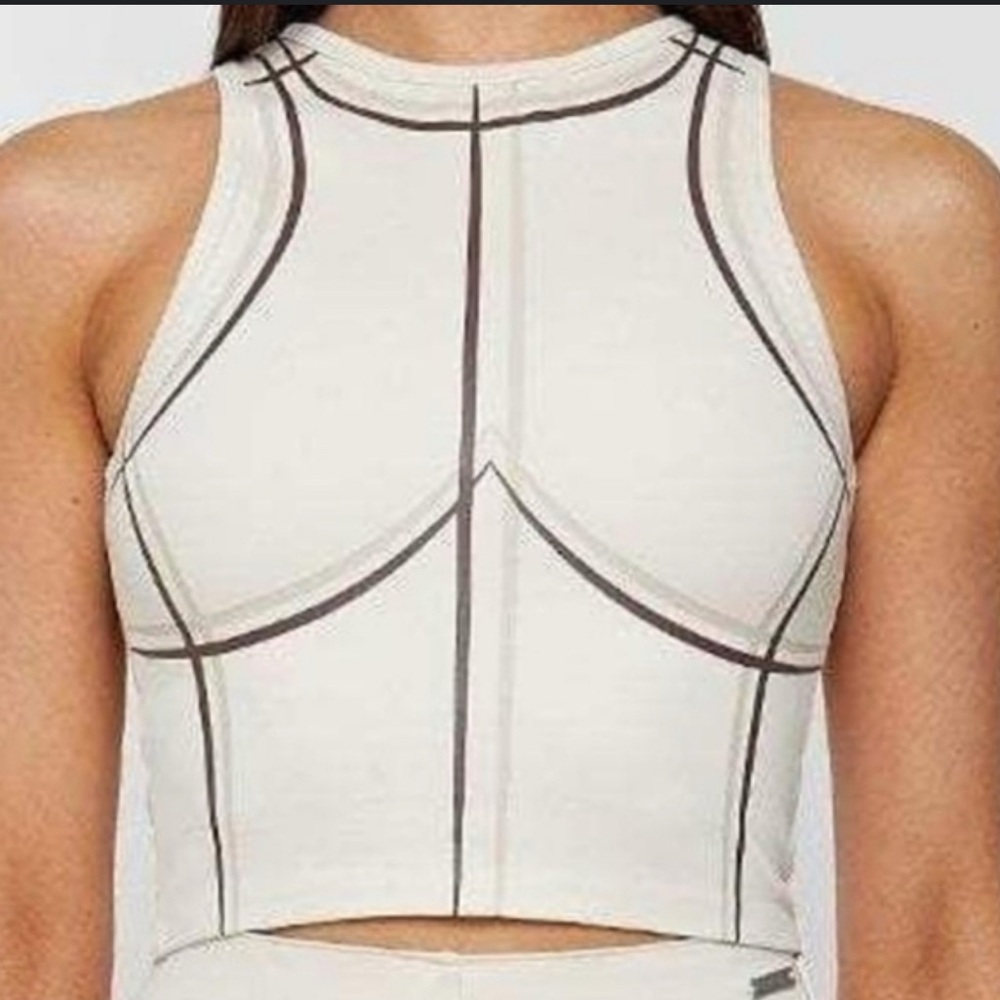 Maniere De Voir Beige Sketch Racer Back Top with back zipper and clasp closure.